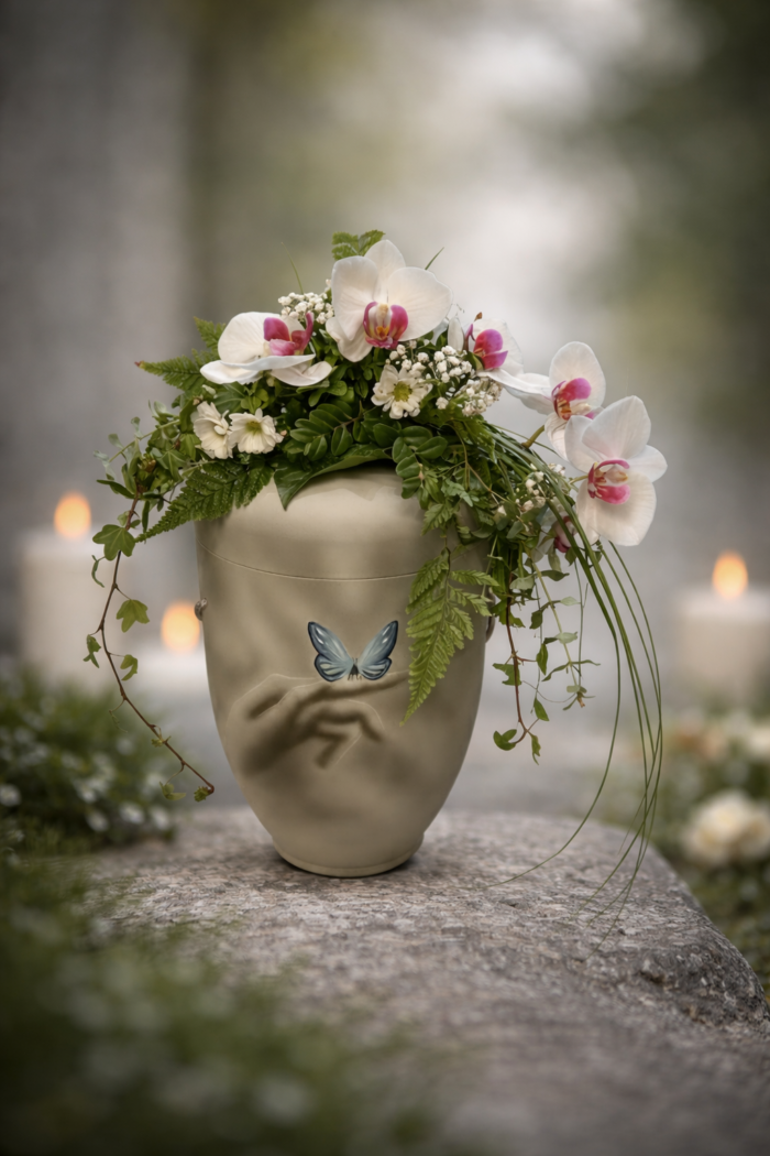 Urnenschmuck mit weien Orchideen -U5 handgefertigter Kopfschmuck |  Bock-Blumen