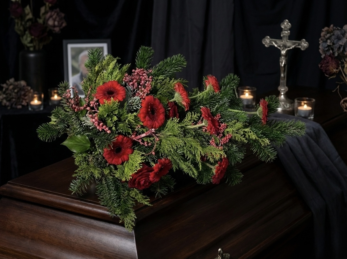 Handstrauss zur Beerdigung in rot auf einem Sarg