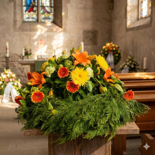 Strahlender Trauerkranz in gelb orange zur Beerdigung