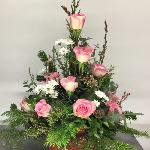 Trauergesteck für Beerdigung in rosa mit Rosen