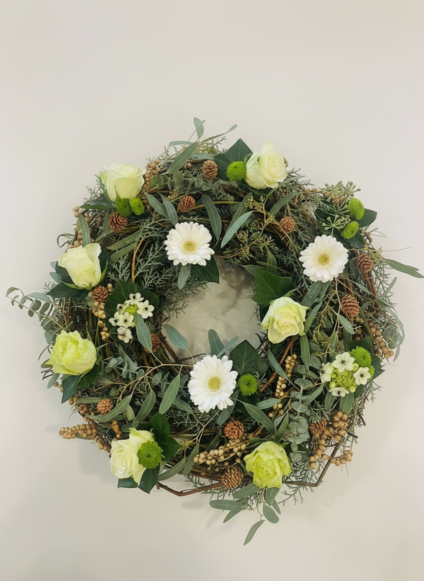 Naturkranz gewunden zur Beerdigung mit weißen Blumen