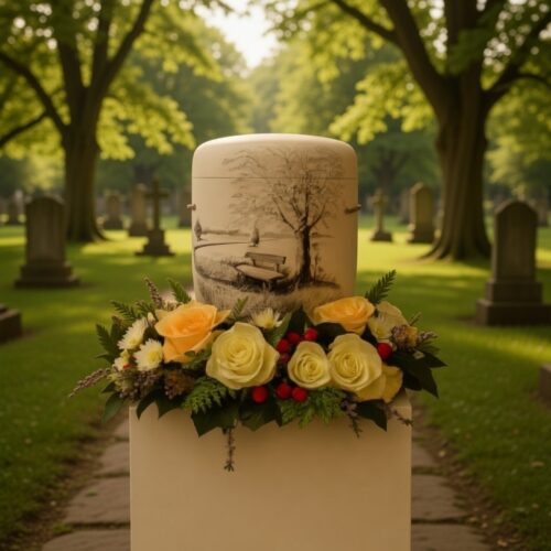 Urne mit Blumenkranz am Fuß weiß Crem gelb