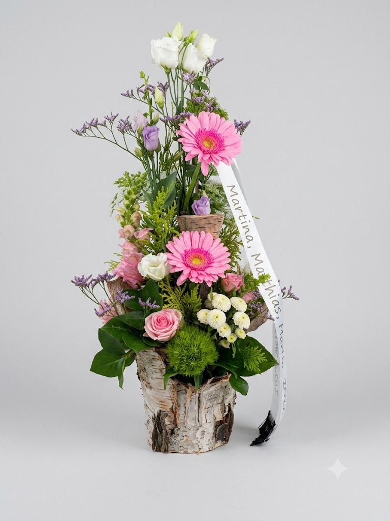Birkentopf mit Blumen zur beisetzung gesteckt Farbe rosa weiß