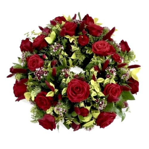 Trauerkranz mit roten Rosen