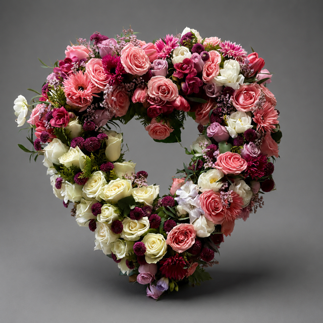 offenes Herz mit blumen in rosa bis weiß gesteckt