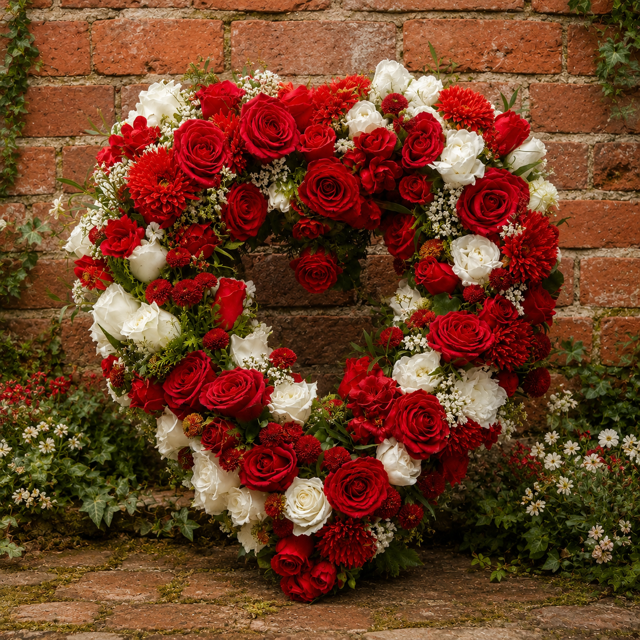 Herzgesteck in rot mit weißen Blumen
